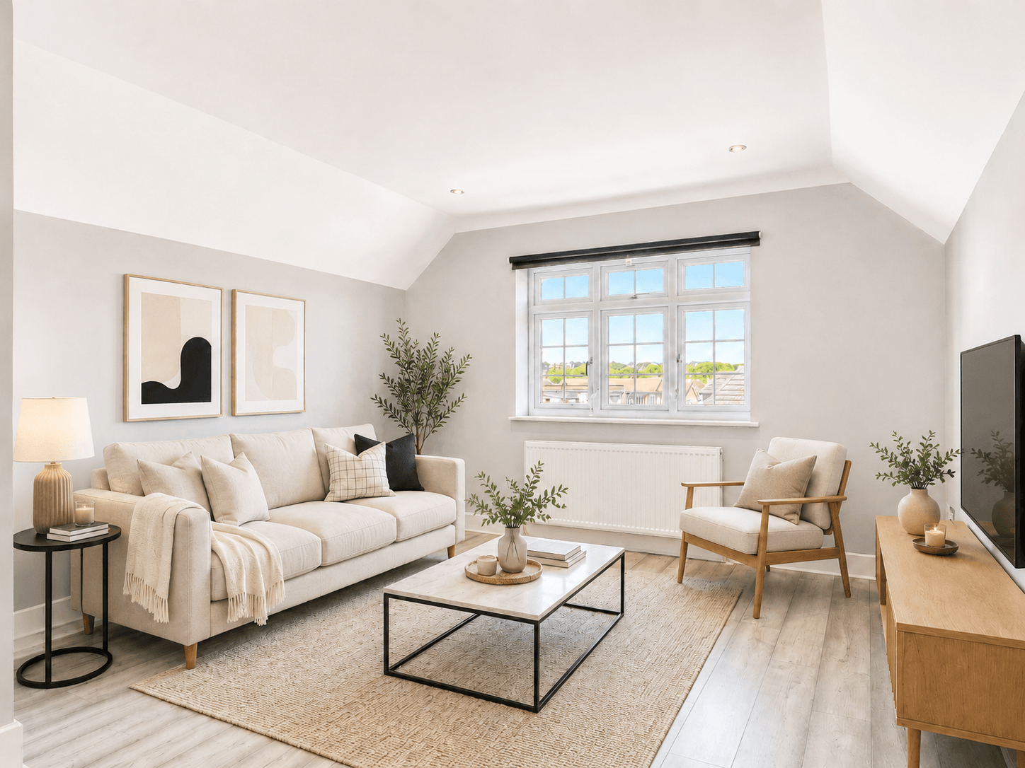 Bright modern living room with beige sofa, cushions, and throw blanket, wooden armchair, and rectangular coffee table with tray, cup, and books. A woven rug covers the floor, with a wooden media console holding a flat-screen TV, vase with greenery, and candles. Large window with multiple panes lets in natural light and offers rooftop and greenery views, decorated in neutral tones with natural wood accents.