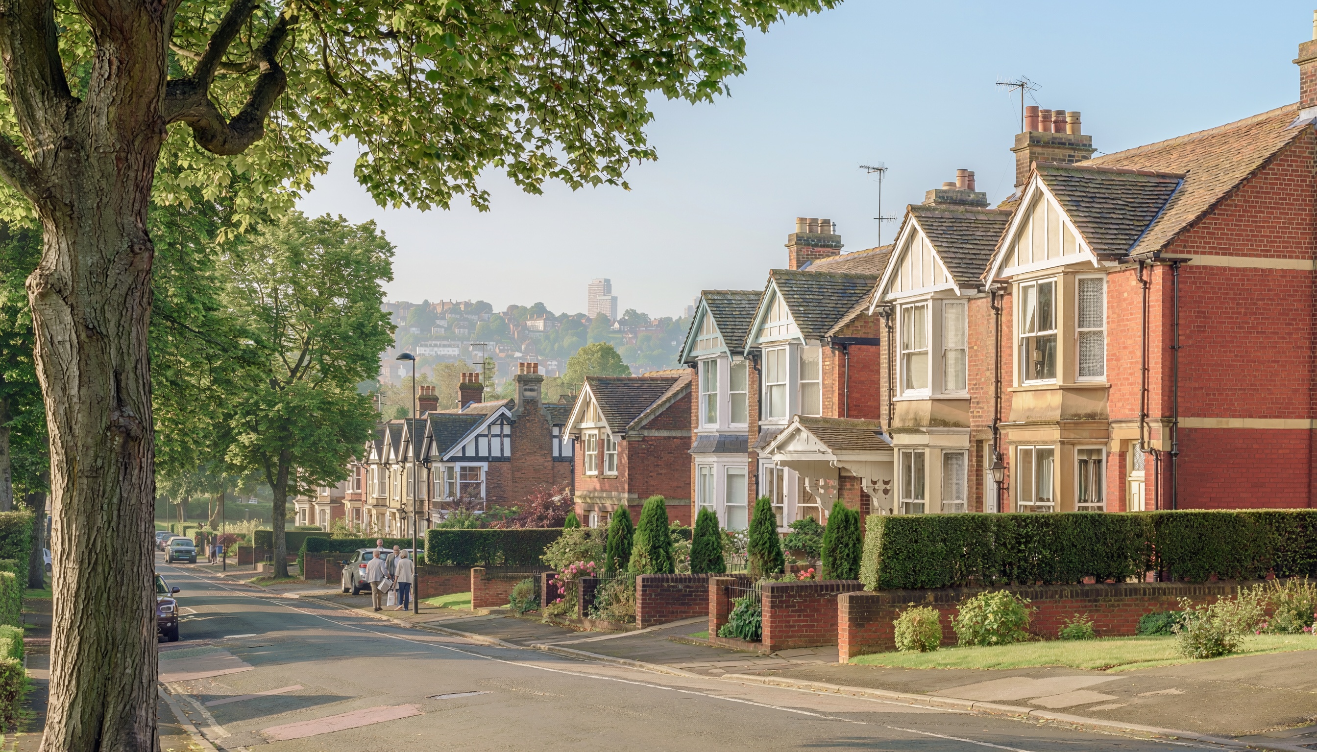 Residential street with traditional brick houses, bay windows, gabled roofs, shaded by large trees, with parked cars and a hill in the background.