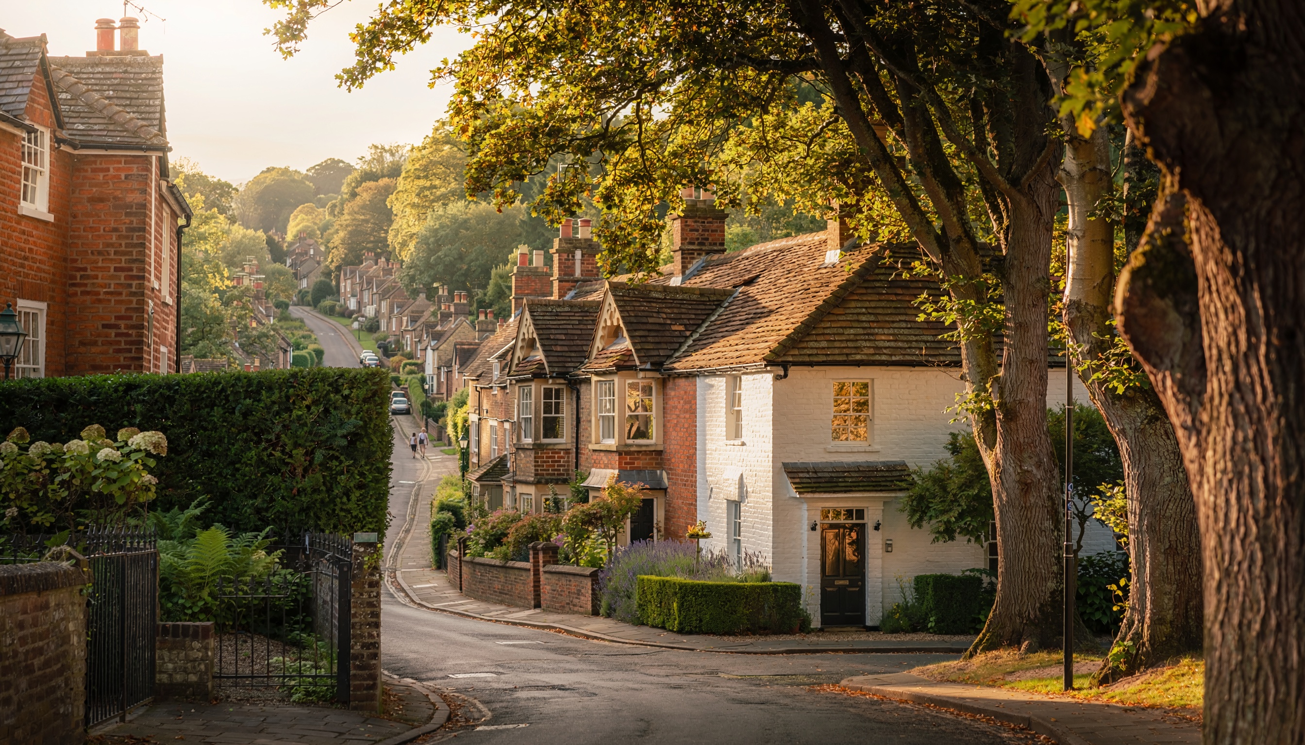 Picturesque village street with traditional English-style houses, brick and white exteriors, tiled roofs, chimneys, lush greenery, and people walking along the gently curving road in warm evening light.
