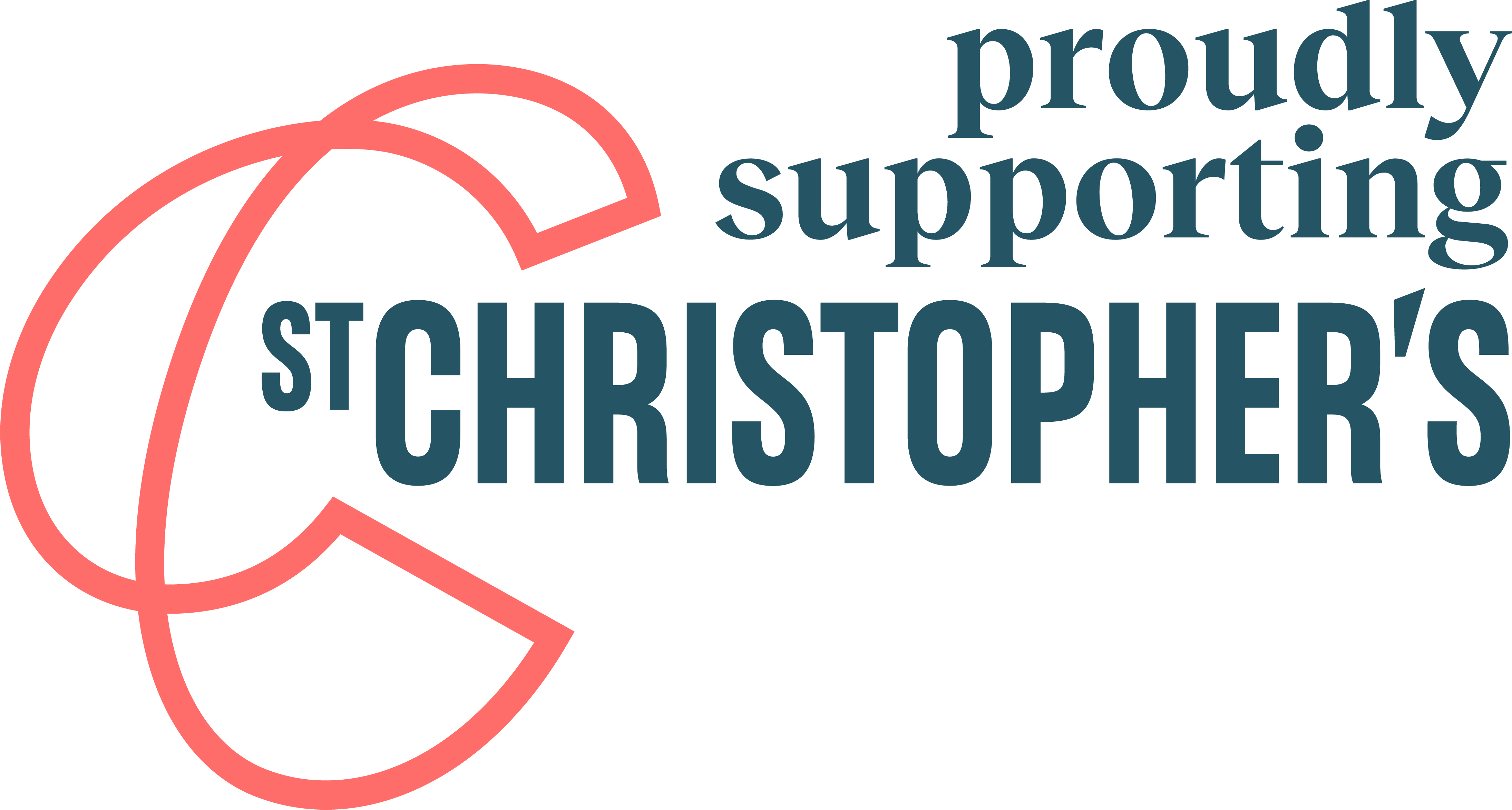 Logo of St Christopher’s Hospice with the words “Proudly Supporting St Christopher’s” in warm teal and coral tones. The design reflects the charity’s commitment to care and compassion, with organisations and local businesses showing their support for the invaluable work St Christopher’s carries out in the community.