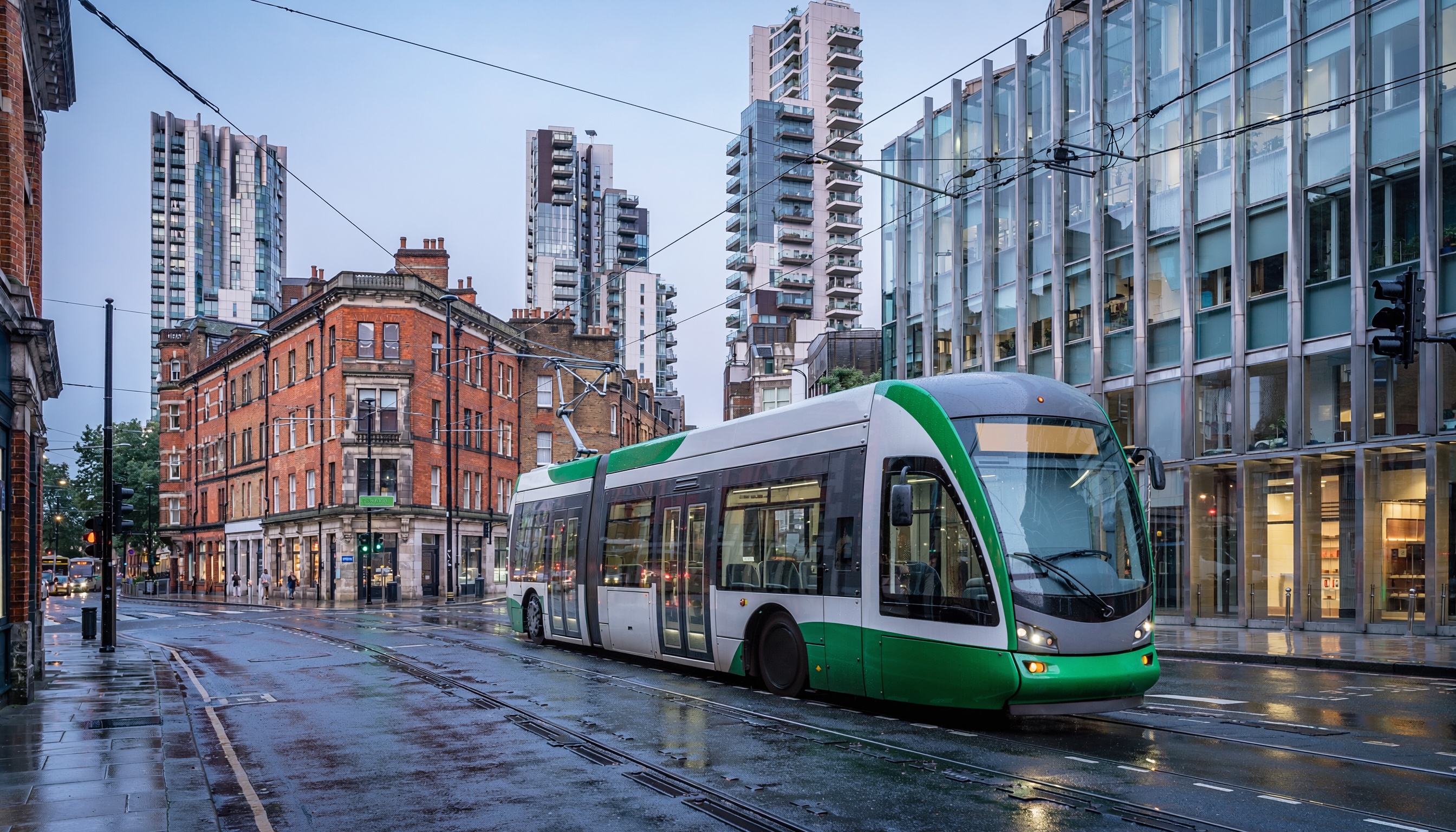 Modern green and white tram traveling on wet city streets, with red-brick shops in the foreground and tall glass skyscrapers in the background.