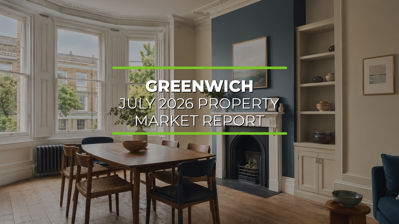 Stylish living and dining room with large bay windows, wooden dining table and chairs, and a decorative fireplace framed by a dark blue accent wall. Built-in shelves display pottery and framed artwork. Natural light fills the space. Overlaid text reads ‘Greenwich July 2026 Property Market Report.’