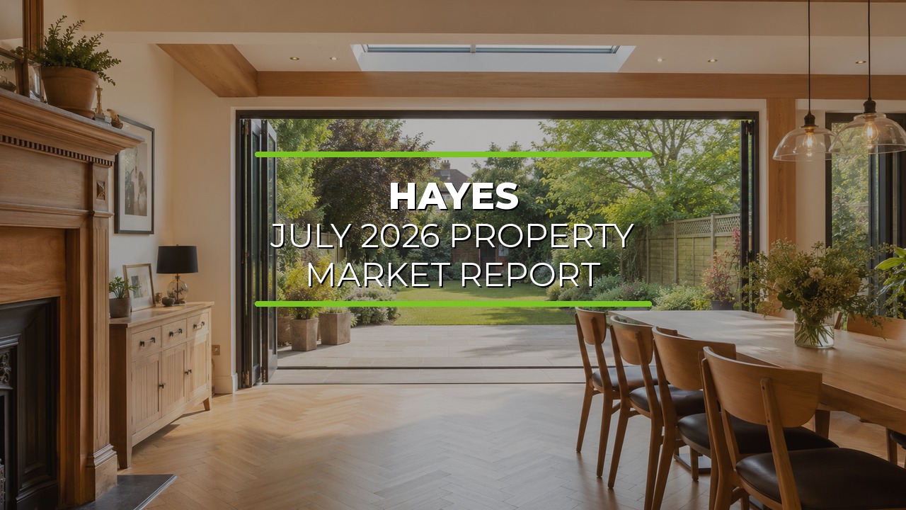 Bright modern dining area with large glass doors opening to a lush garden. Wooden flooring and a wooden dining table with chairs are complemented by pendant lights overhead. A sideboard with framed pictures and a lamp adds decorative detail. Outdoor space features green grass, trees, and a wooden fence, creating seamless indoor-outdoor flow. Overlaid text reads ‘Hayes July 2026 Property Market Report.’
