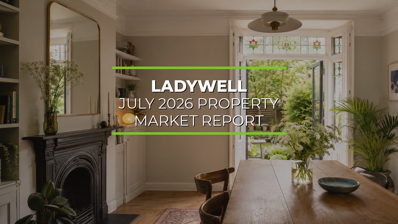Bright elegant dining room with large wooden table and chairs, decorative fireplace with mirror above, and shelves filled with books and décor. Indoor plants add greenery, while a large window or door opens to a lush garden outside. Overlaid text reads ‘Ladywell July 2026 Property Market Report.’