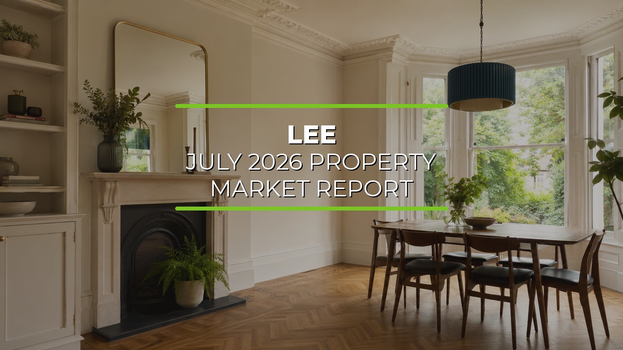 Elegant dining room with large bay windows overlooking greenery. Wooden dining table with chairs sits in the center, complemented by a decorative fireplace with mirror above. Built-in shelves and indoor plants add character and warmth. Overlaid text reads ‘Lee July 2026 Property Market Report.’