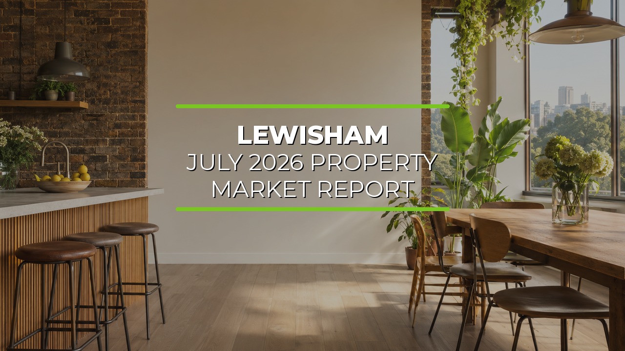 Modern kitchen and dining area with exposed brick wall, wooden furniture, and large windows filling the space with natural light. Plants and flowers are placed around the room, creating a fresh and inviting atmosphere. Overlaid text reads ‘Lewisham July 2026 Property Market Report.’