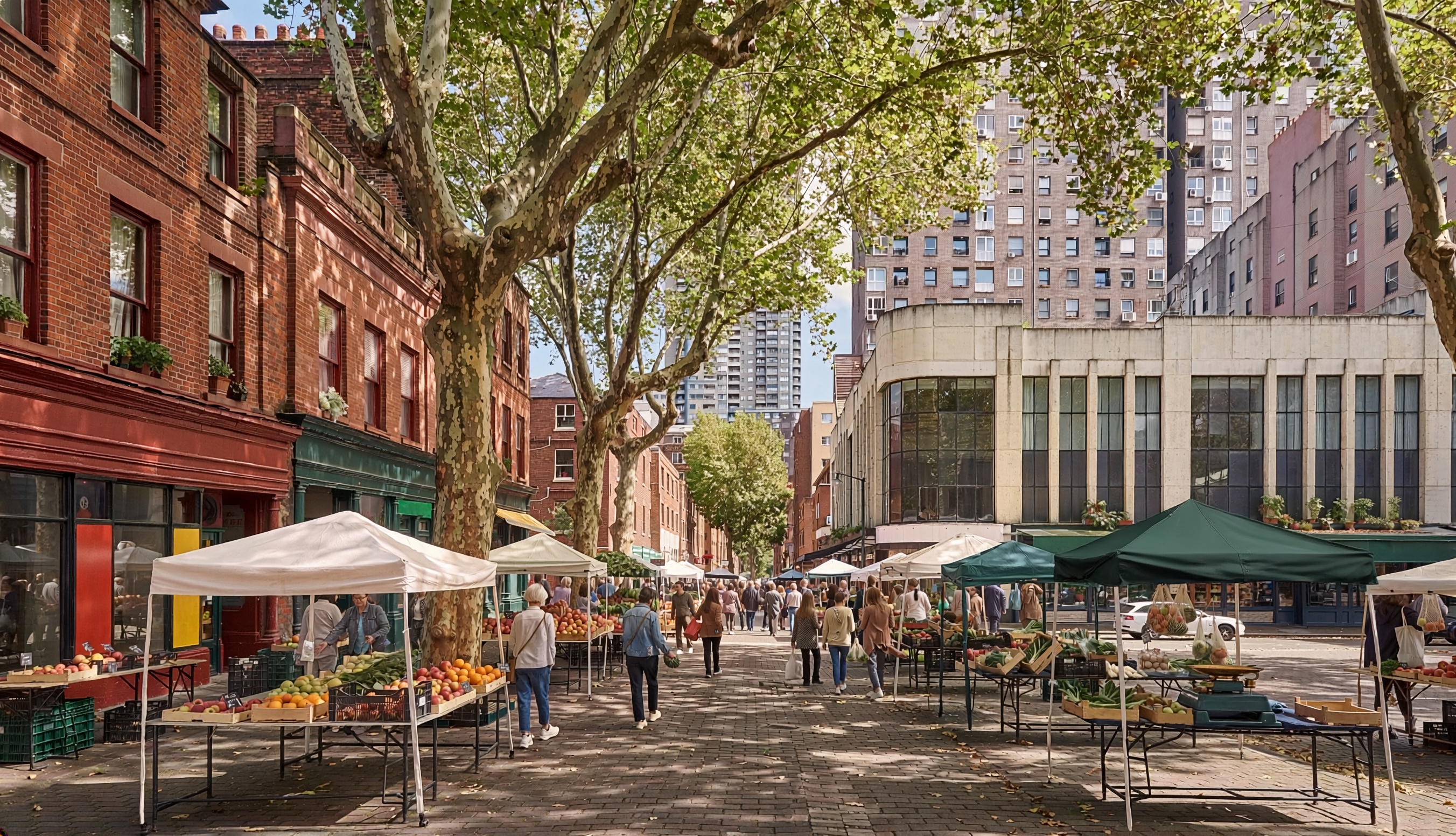 Outdoor market along a tree-lined street with vendor stalls under white and green canopies selling fresh produce, red brick buildings on one side, modern buildings in the background, and people browsing and shopping.