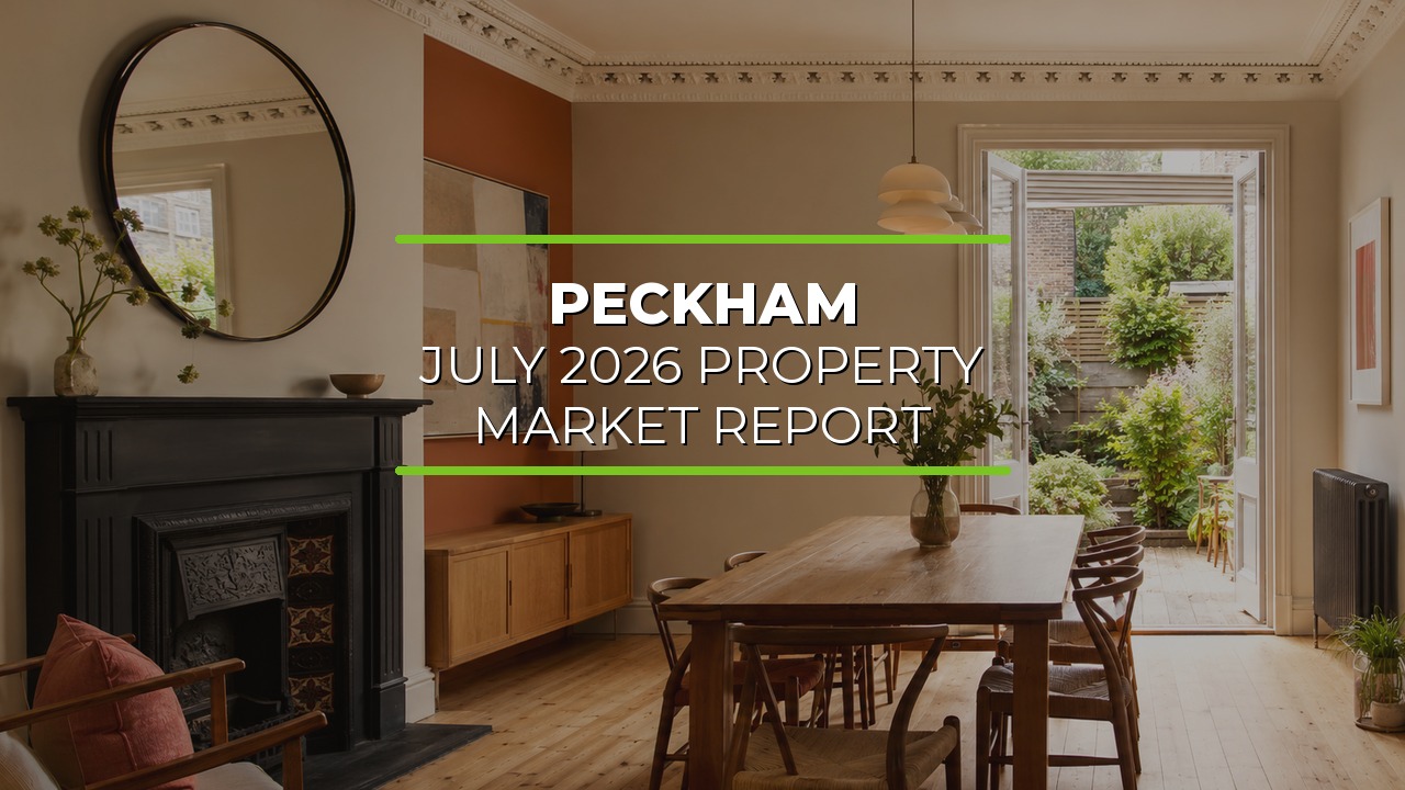 Well-lit dining room with wooden table and chairs beneath a pendant light. Fireplace with round mirror above sits against a warm terracotta wall, with a sideboard nearby. Large glass door opens to a garden with greenery and wooden decking. Decorative crown molding adds elegance. Overlaid text reads ‘Peckham July 2026 Property Market Report.’