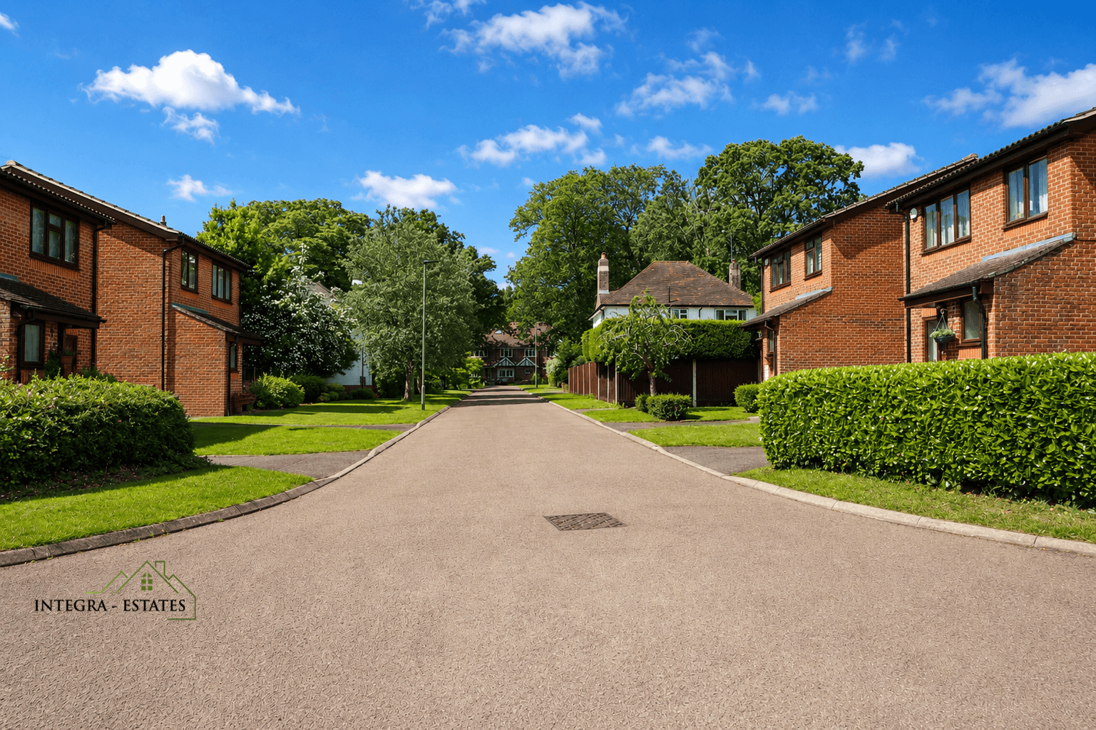 Quiet suburban street lined with detached brick houses, each with well-maintained front gardens of green lawns, shrubs, and trees. Clean paved road with single streetlight visible in middle distance. Bright blue sky with scattered white clouds above. Logo ‘INTEGRA ESTATES’ with house icon in lower left corner.