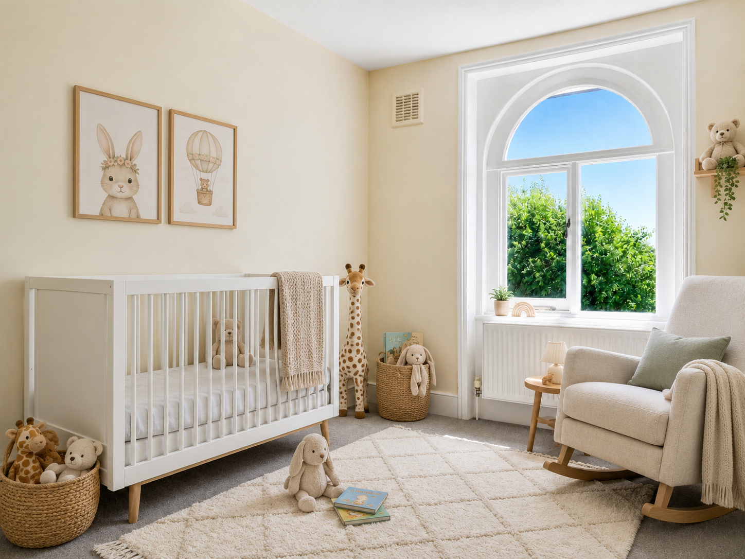 Cozy nursery with a white crib draped in a beige knitted blanket, plush toys including a giraffe, bunny, and bear on a soft diamond‑pattern rug, and framed wall art of a rabbit and hot air balloon. A wicker basket of stuffed animals sits beside the crib, while a beige rocking chair with cushion and blanket is placed near a small wooden side table. A large arched window fills the room with natural light, creating a warm and serene atmosphere.