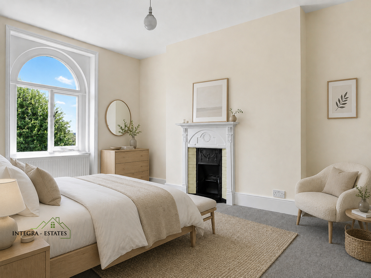 Digitally staged bedroom with period fireplace, sash windows, modern flooring and generous in size.