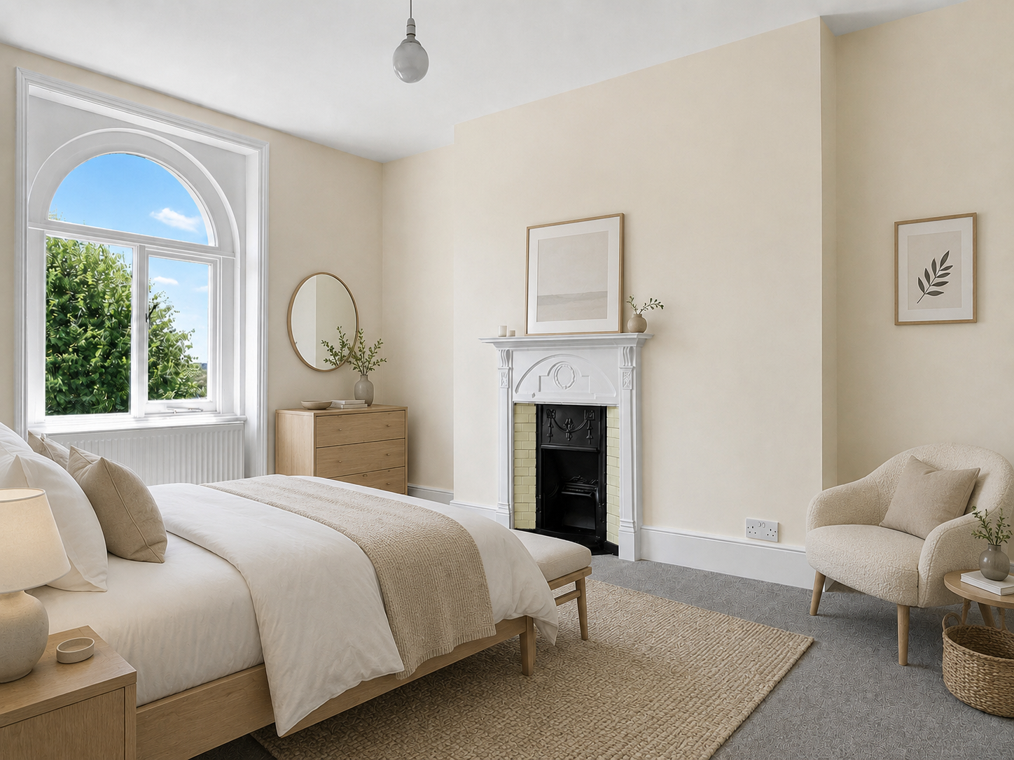 Bright modern bedroom with a large arched window overlooking greenery, a bed with white and beige bedding, and wooden furniture including a nightstand with lamp and dresser topped with a round mirror and vase. A decorative white fireplace with framed artwork, upholstered chair with cushion, and soft neutral tones create a calm, inviting atmosphere.