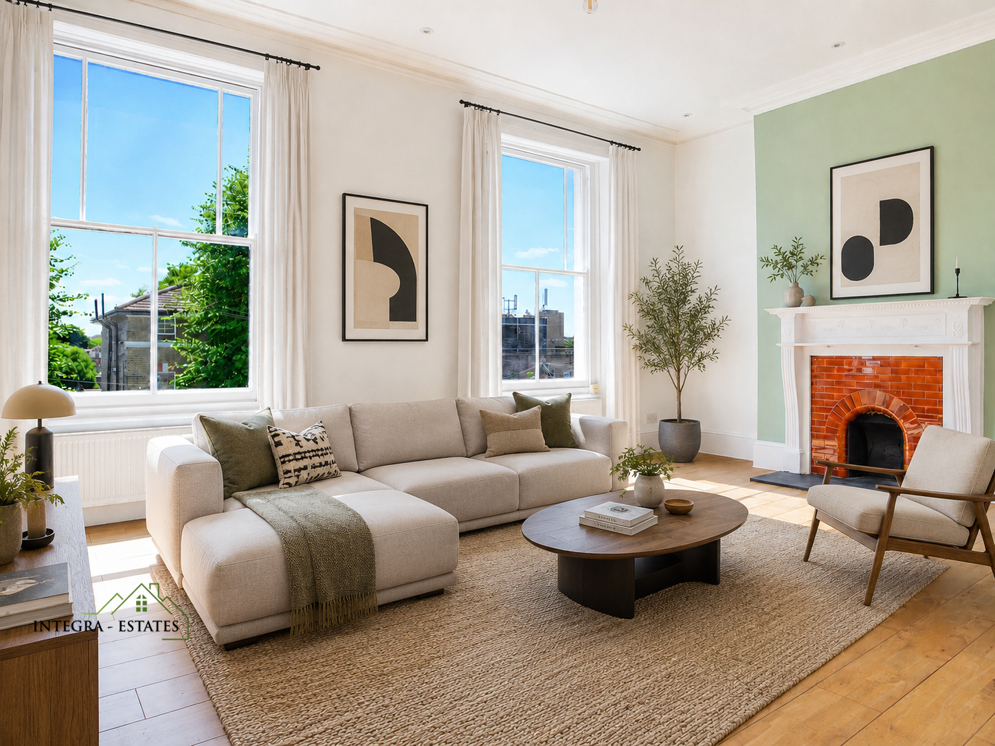 Digitally staged image of Glenton ROad SE13 with modern furniture, sash windows and period fireplace.