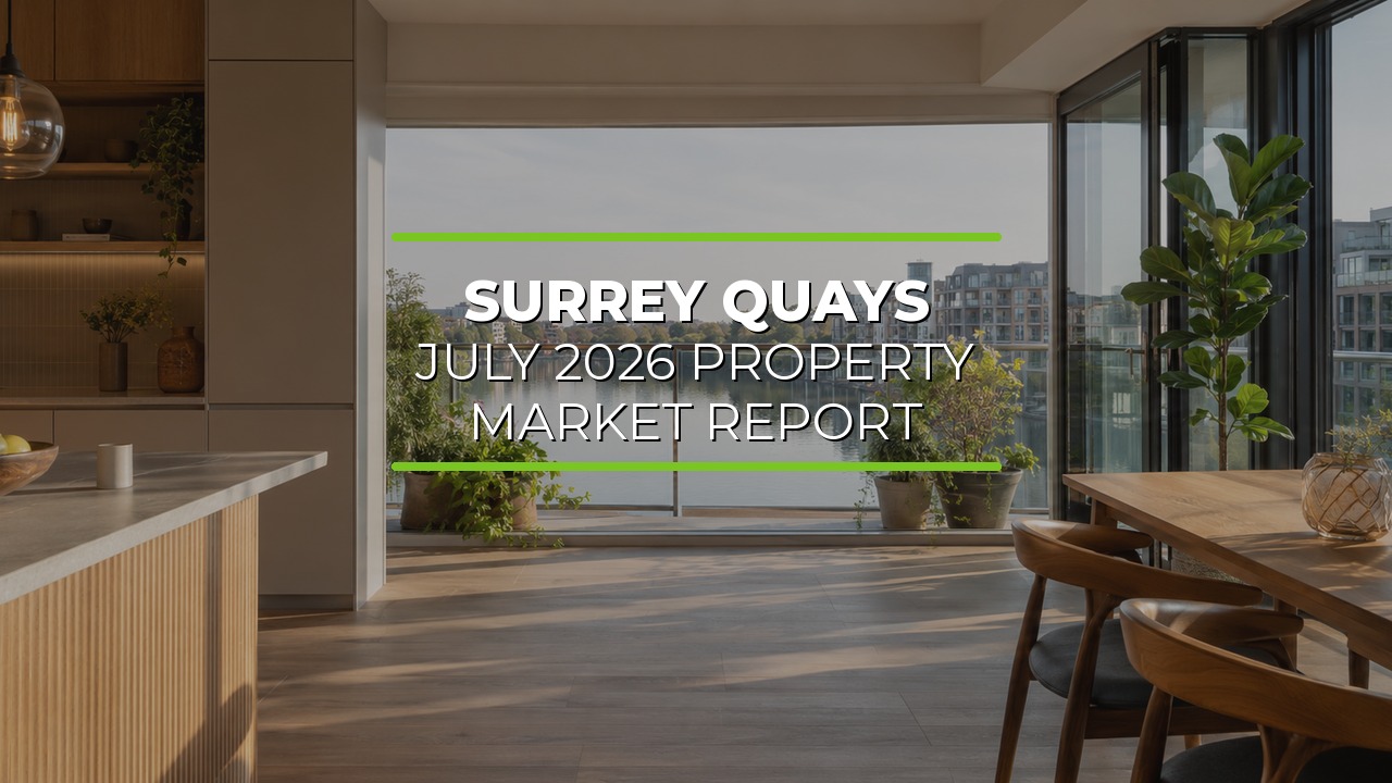 Modern apartment interior with large glass windows and doors opening to a balcony overlooking a waterfront with contemporary buildings. Wooden flooring, dining table with chairs, potted plants, and a kitchen counter create a stylish, inviting atmosphere. Overlaid text reads ‘Surrey Quays July 2026 Property Market Report.’