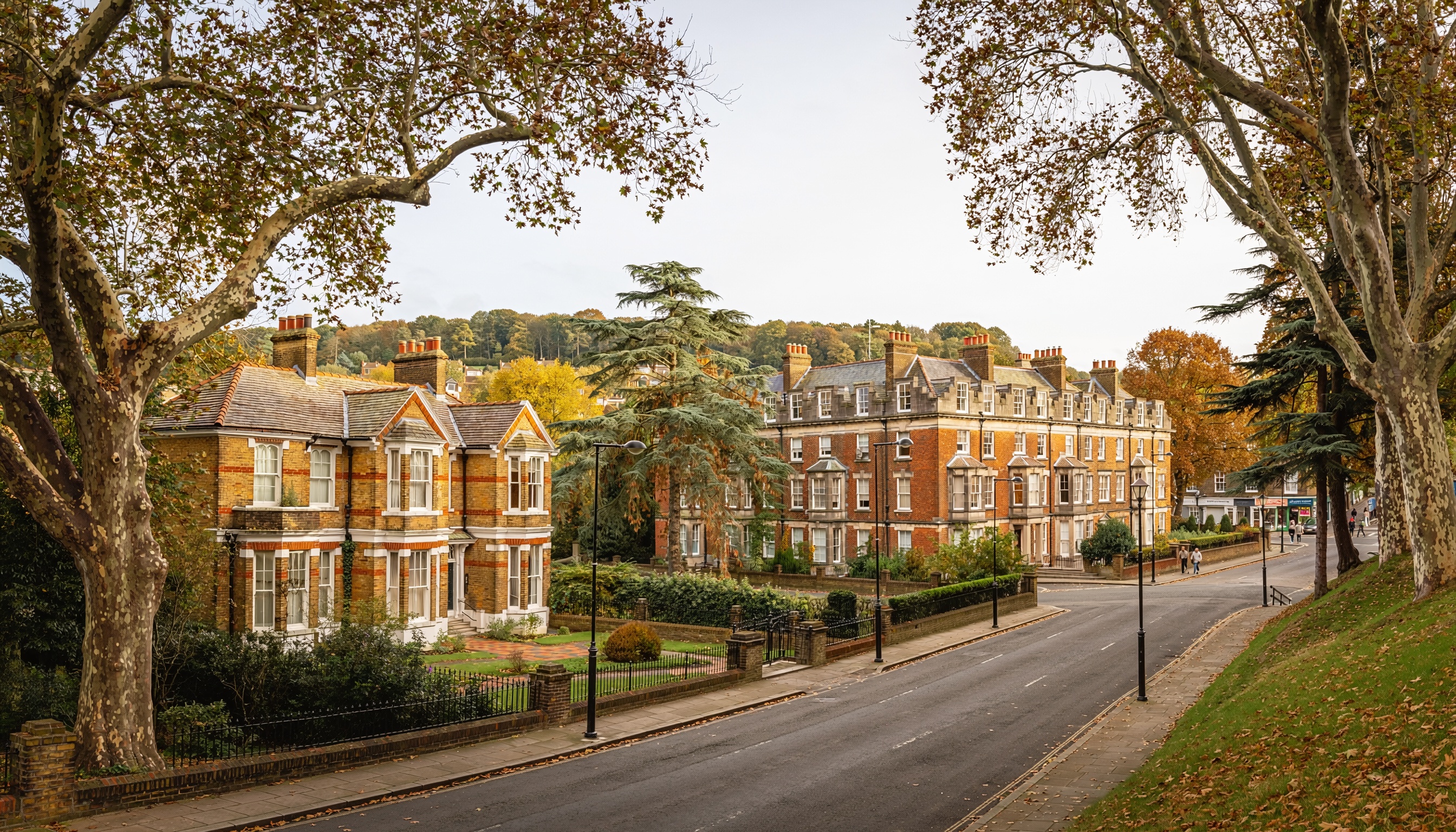 Tree-lined street with large late Victorian brick houses featuring white trim, bay windows, and multiple chimneys, bordered by wrought-iron fences and manicured gardens, with pedestrians walking under autumn foliage and wooded hills in the background.