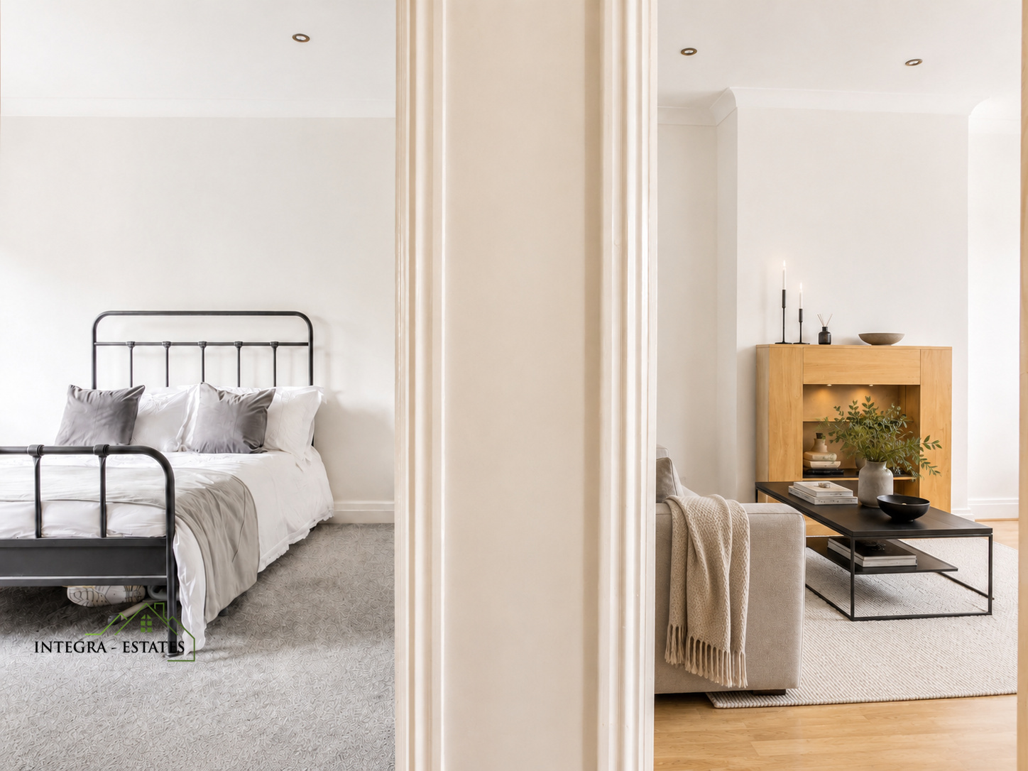 Thorpe close sydenham, two room image of a light modern beroom and living room with modern furniture and decor.