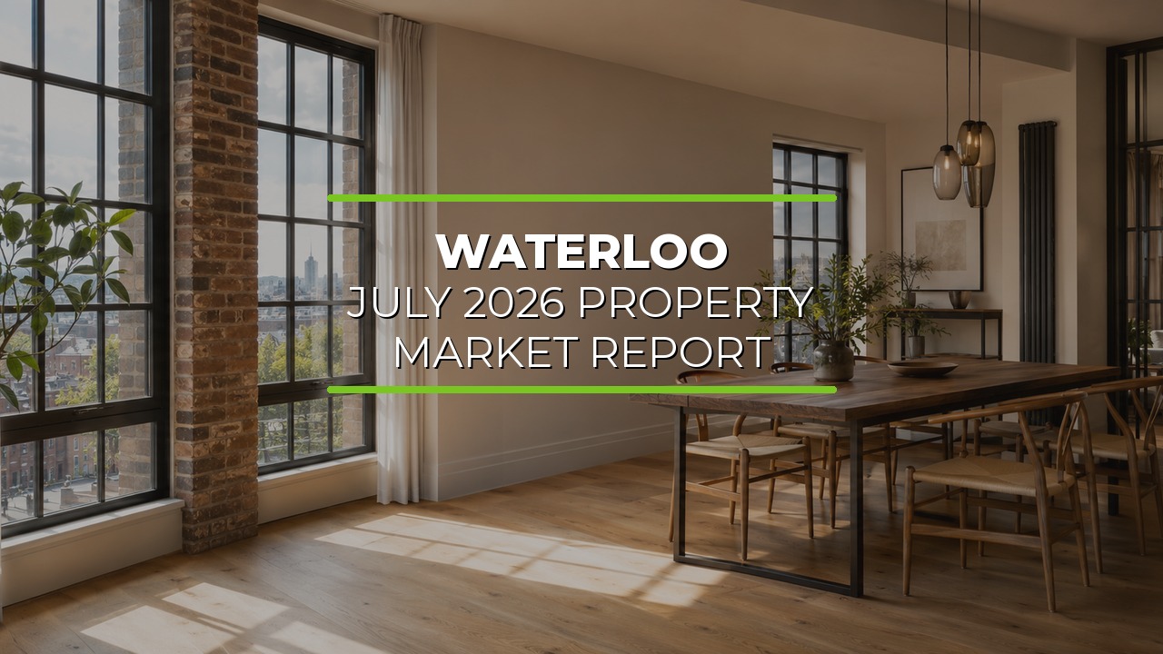 Modern dining area with large industrial-style windows framed by brick walls. Long wooden dining table with chairs sits on wooden floors, decorated with plants and items on the table and shelves. Natural light fills the space, creating a contemporary inviting atmosphere. Overlaid text reads ‘Waterloo July 2026 Property Market Report.’