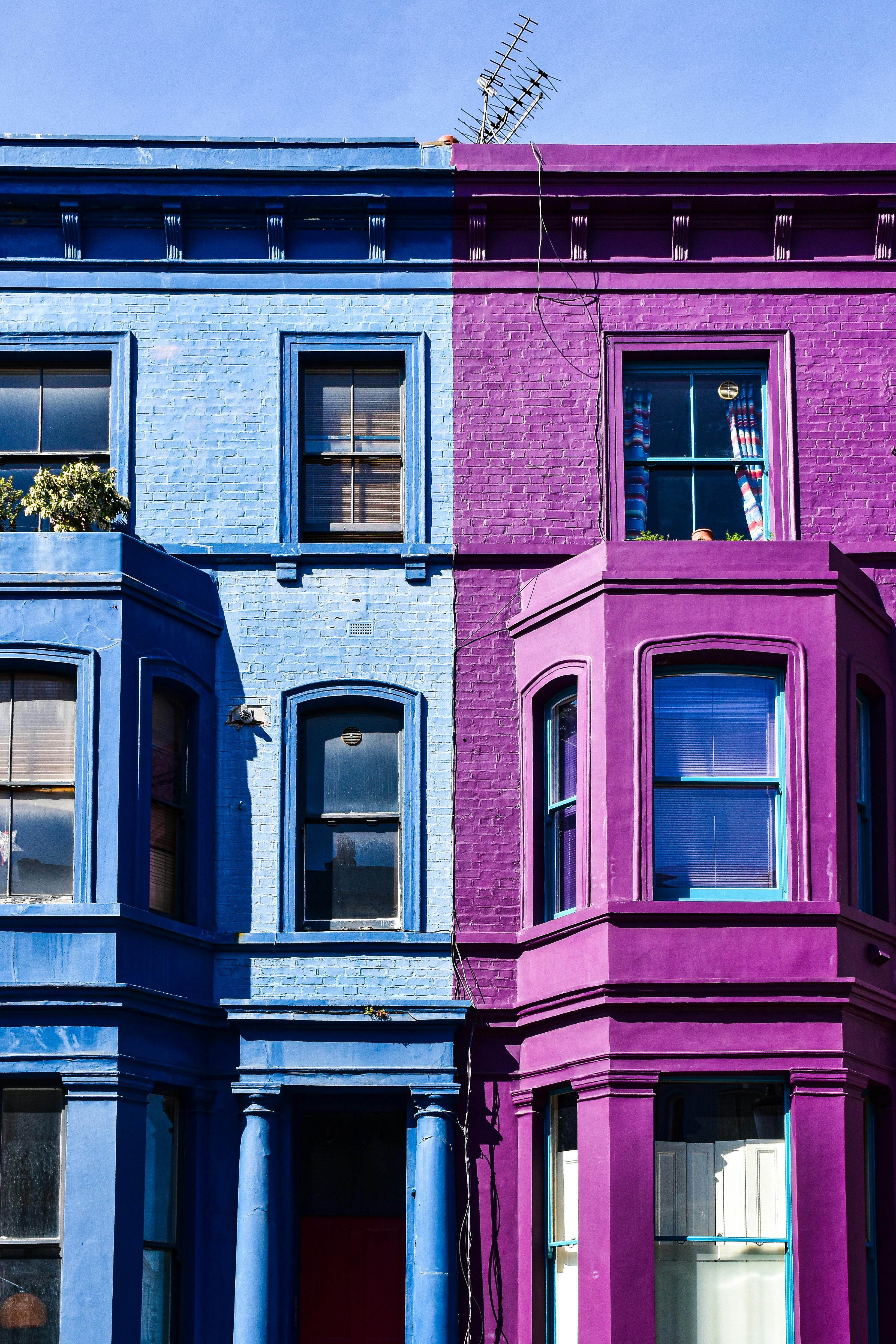 Two adjacent row houses display a striking contrast—one painted in shades of blue, the other in shades of purple. Both feature bay windows, classical columns, and ornate cornices. A rooftop antenna is visible above, and plants adorn the window ledges, adding charm to the vibrant urban facade.