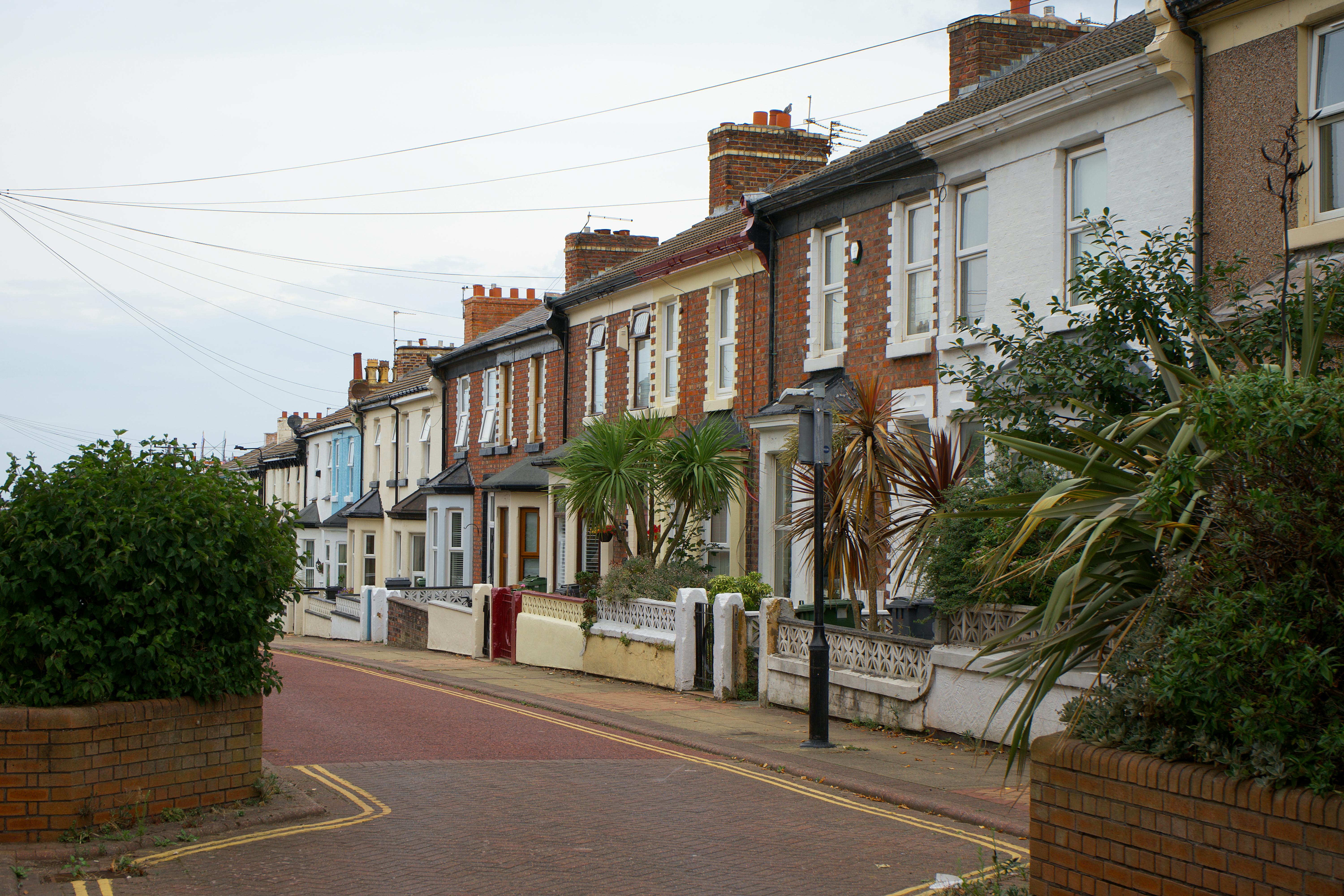 A row of closely packed terraced houses with varied architectural styles and colors lines a quiet residential street paved with red bricks. Each home has a small front garden, some featuring tropical plants like palm trees and yucca. Double yellow lines mark the road edges, and utility wires stretch overhead, contributing to the charm of this well-maintained British neighborhood.