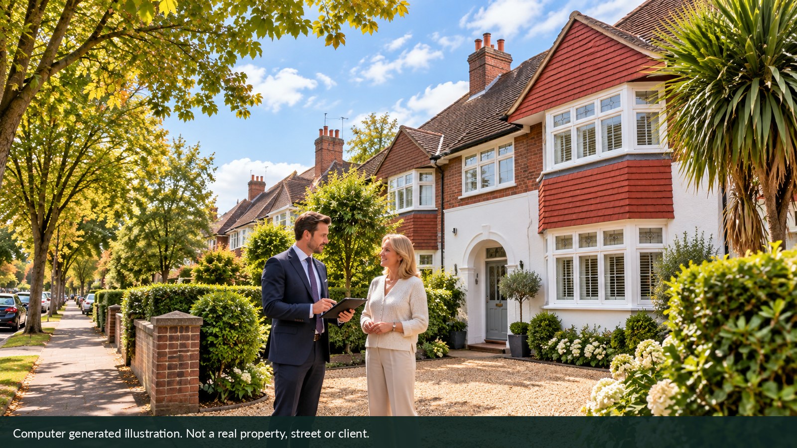 Illustration of a property consultation outside a fictional suburban house.