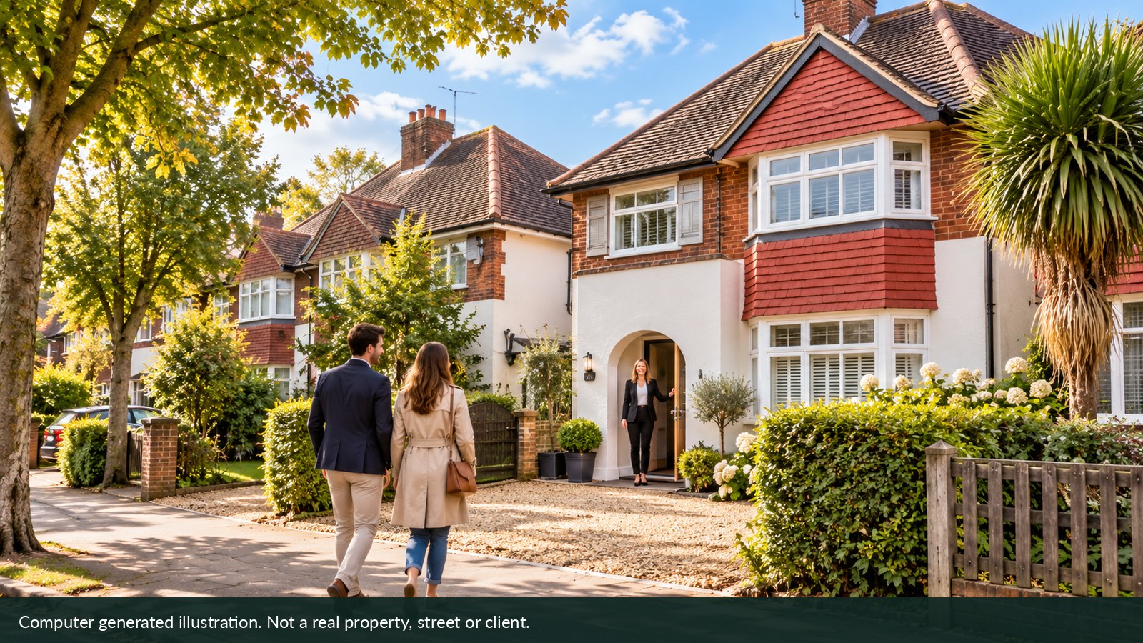 Illustration of fictional buyers arriving for a house viewing.