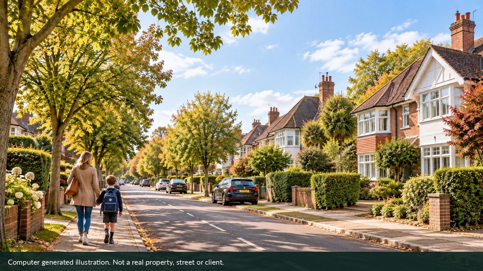 Illustration of a parent and child walking along a fictional residential street.
