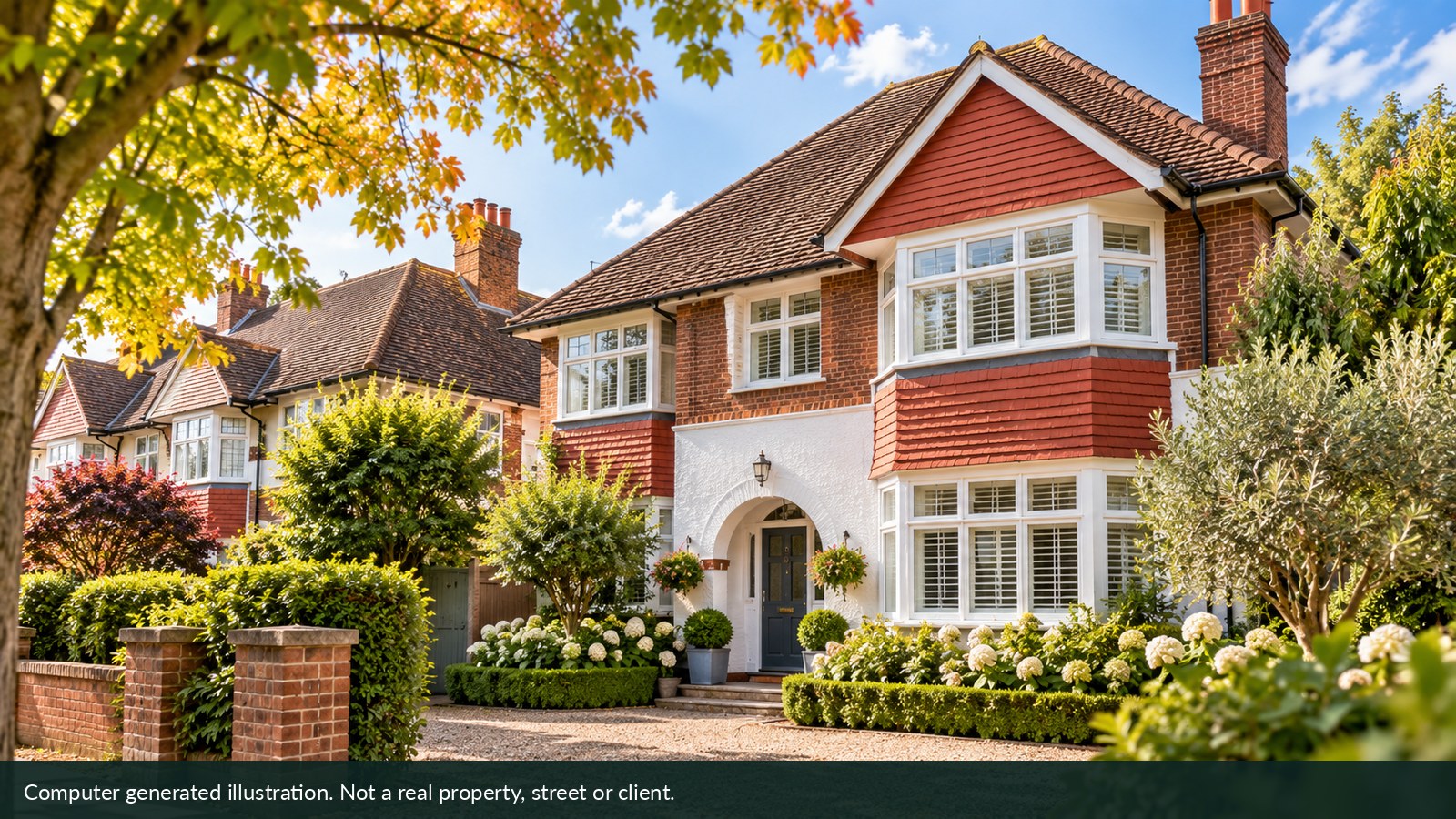 Illustration of a fictional house with bay windows, brickwork and a tiled gable.