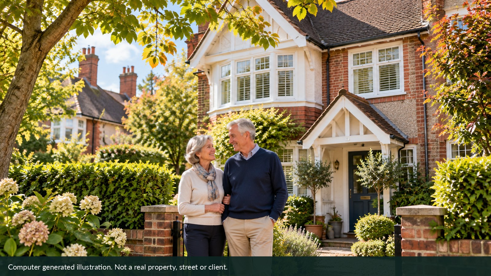 Illustration of a fictional older couple standing beside a garden gate.