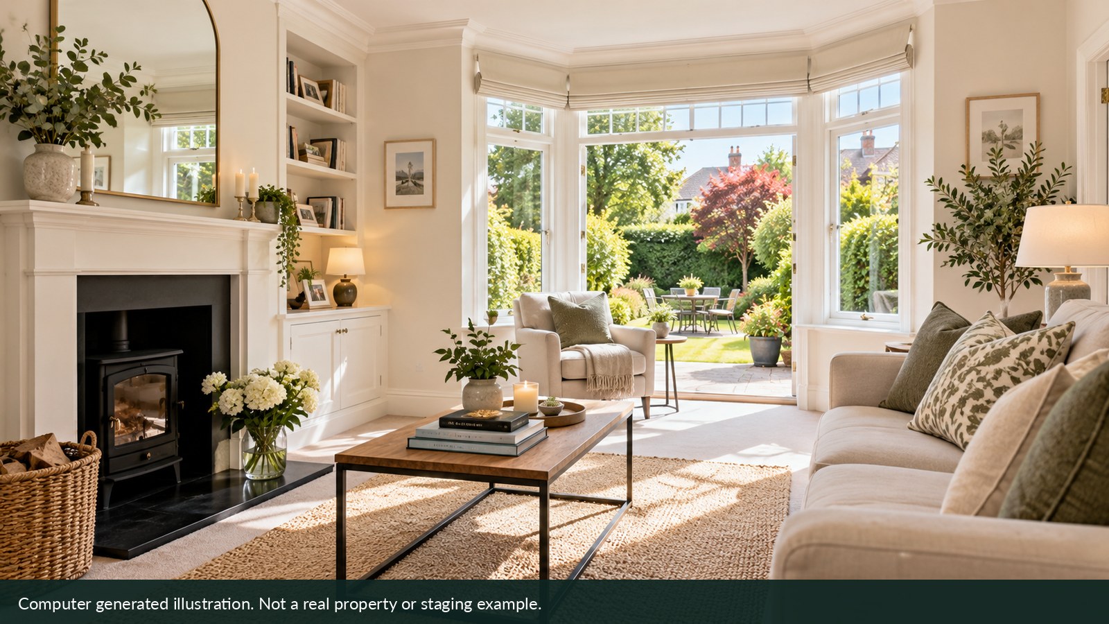Illustration of a bright fictional living room with a bay window and neutral furnishings.