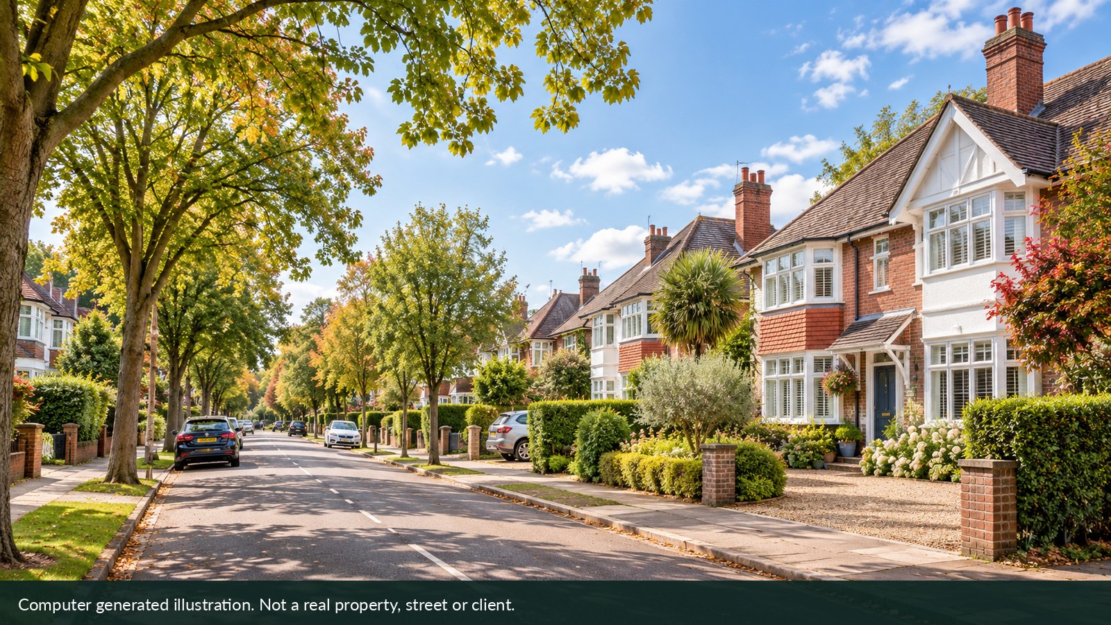Illustration of a fictional leafy suburban avenue with houses and front gardens.