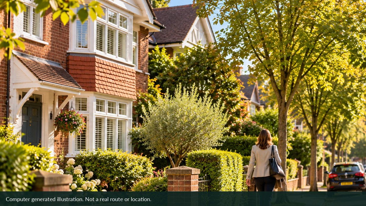 Illustration of a fictional commuter walking beside suburban homes.